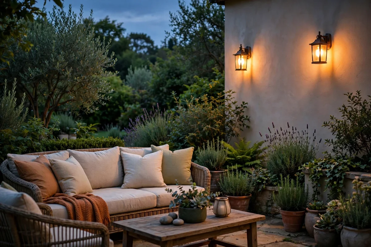 Patio at dusk with warm amber outdoor wall lights glowing