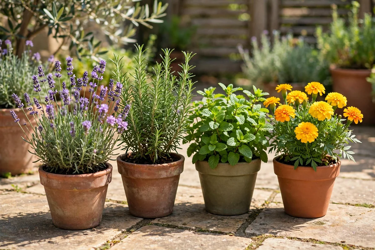 Potted lavender rosemary mint and marigolds on a sunny patio