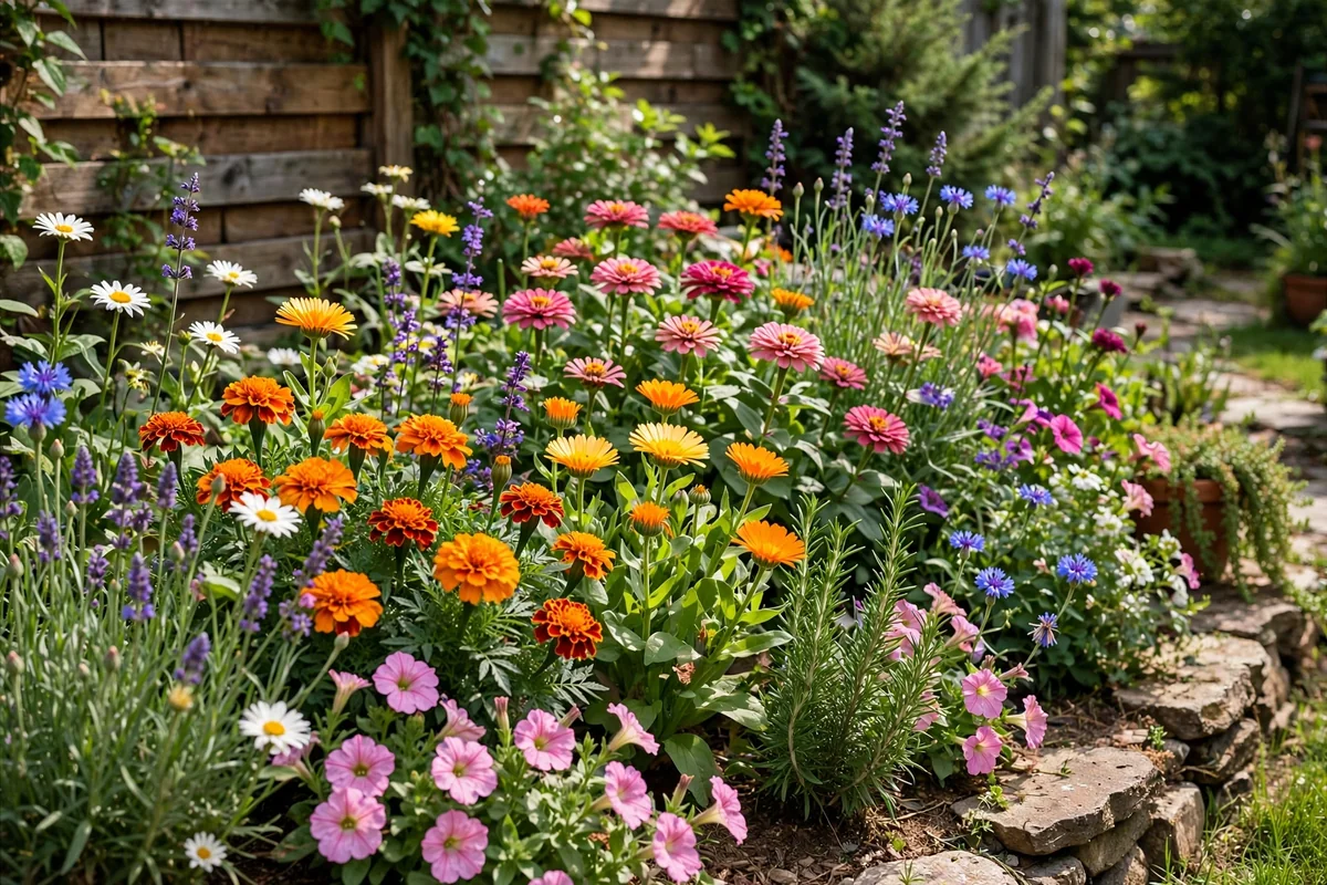Thriving colorful flower bed in a sunny backyard garden