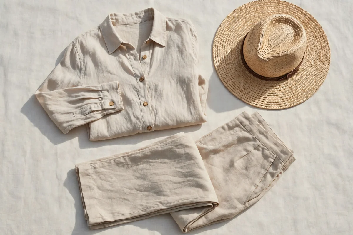 Lightweight long sleeve shirt pants and wide brim hat laid out