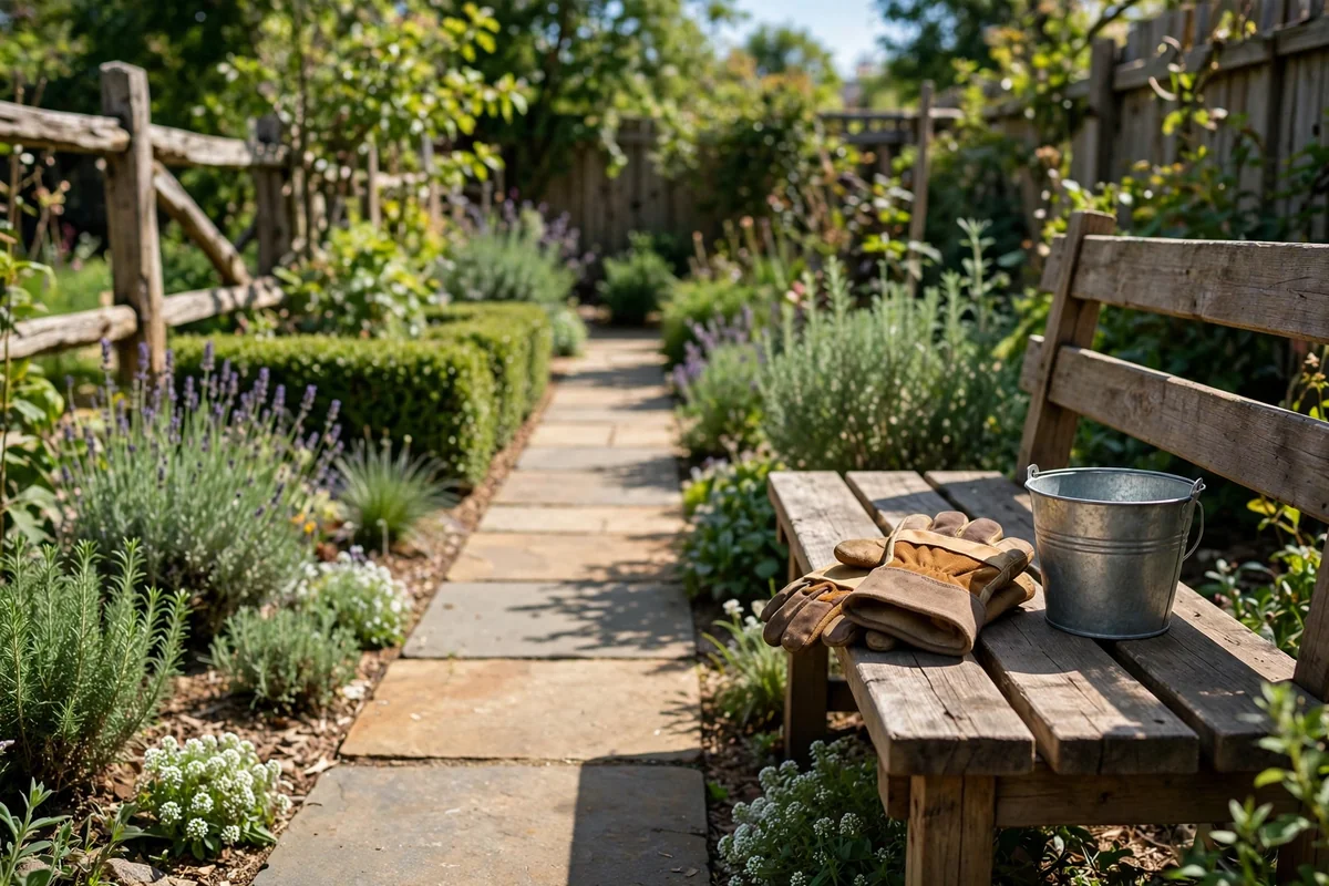 Gardening gloves and small bucket on a bench by a garden path