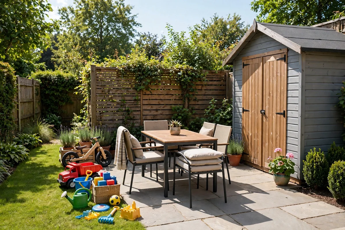 Sunny family backyard with tidy toys clean furniture and garden shed