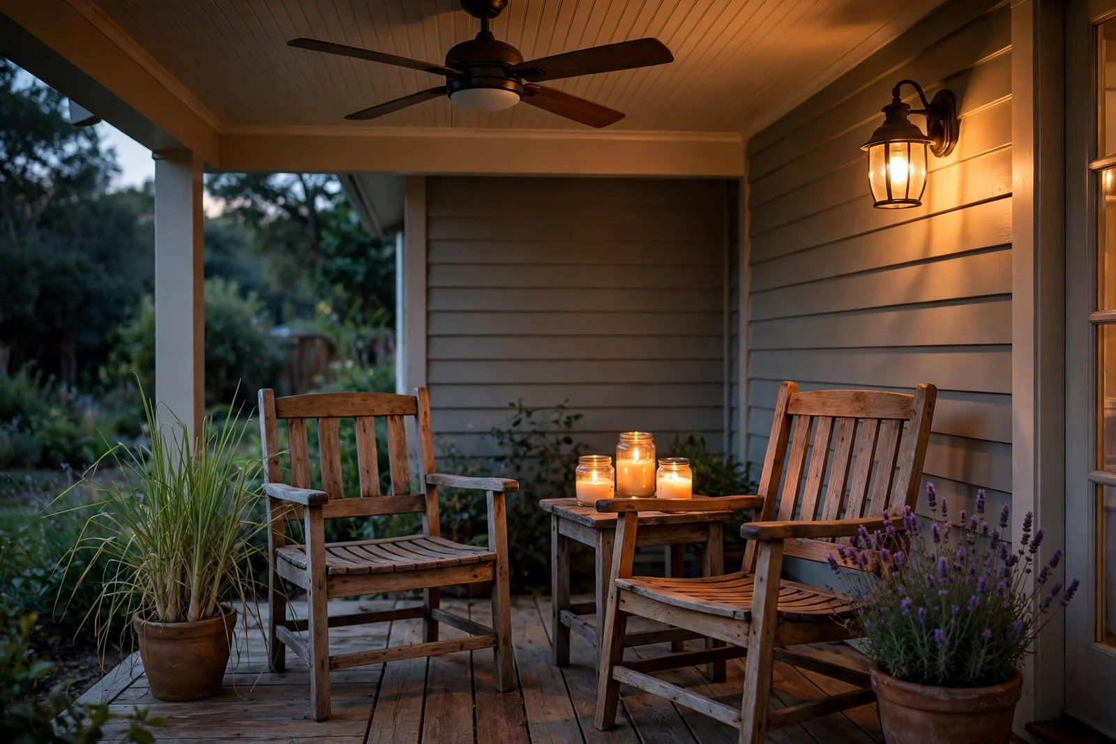 Porch at dusk with potted lemongrass and lavender, glowing citronella candles and warm amber light