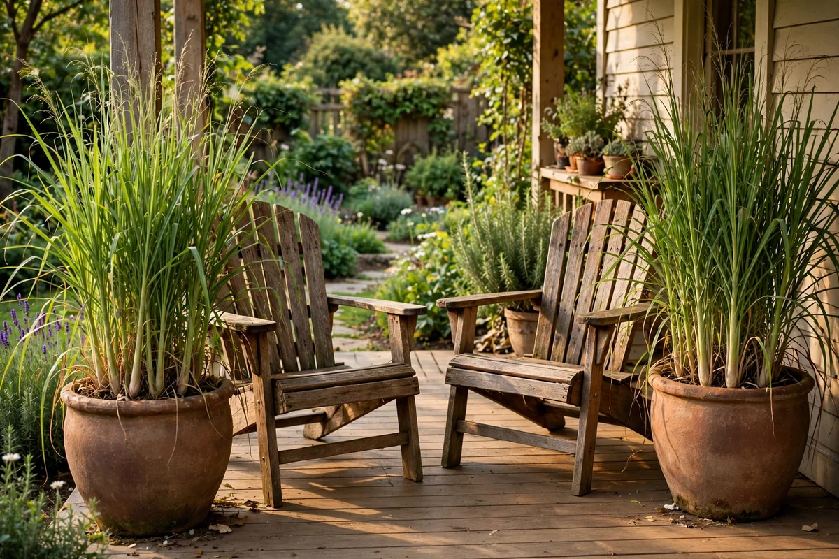 Illustration for Pot Lemongrass in Large Planters Beside the Chairs