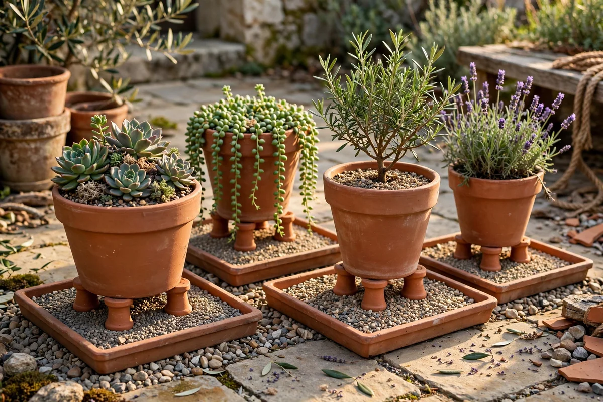 Illustration for Lift Pots Onto Feet and Gravel Trays for Free Drainage