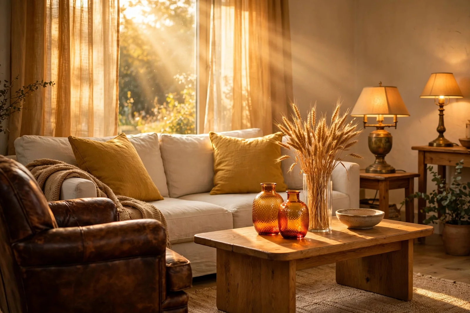 Golden autumn living room with cream sofa, brass lamps, amber glass and honey toned wood in warm afternoon light