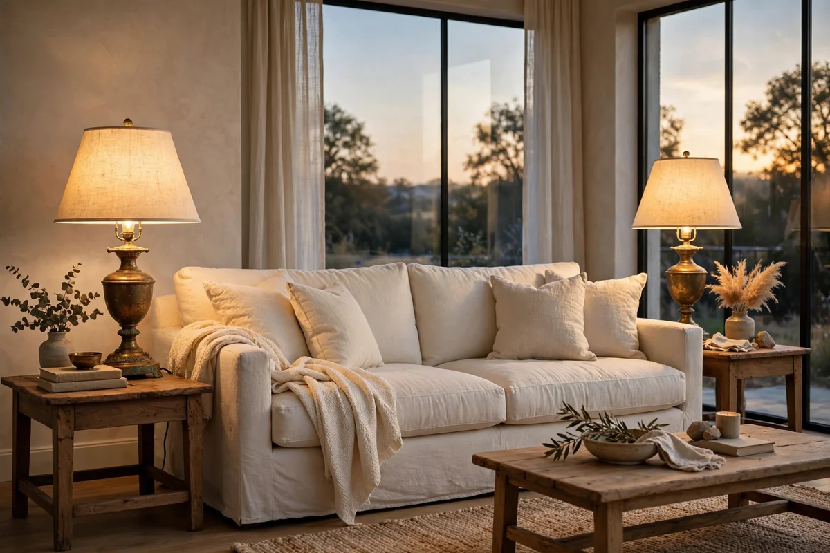 Aged brass table lamps with cream linen shades glowing beside a cream sofa