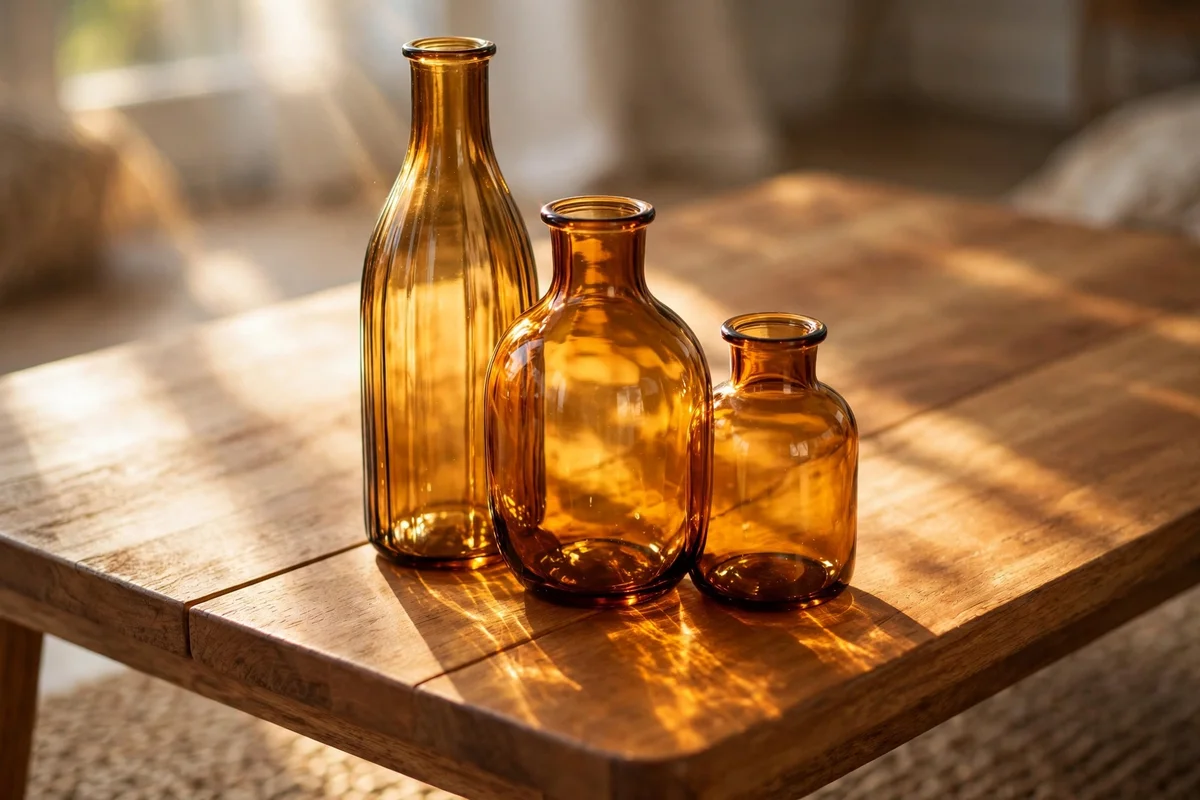 Three amber glass vases of different heights clustered on a wooden coffee table