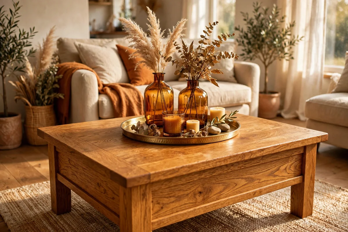 Honey toned oak coffee table with warm wood grain in a golden living room