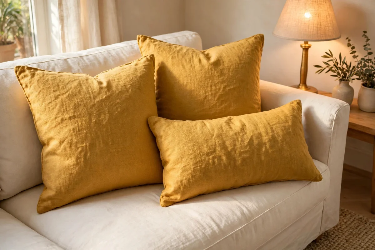 Mustard linen cushions arranged on a cream sofa in warm light