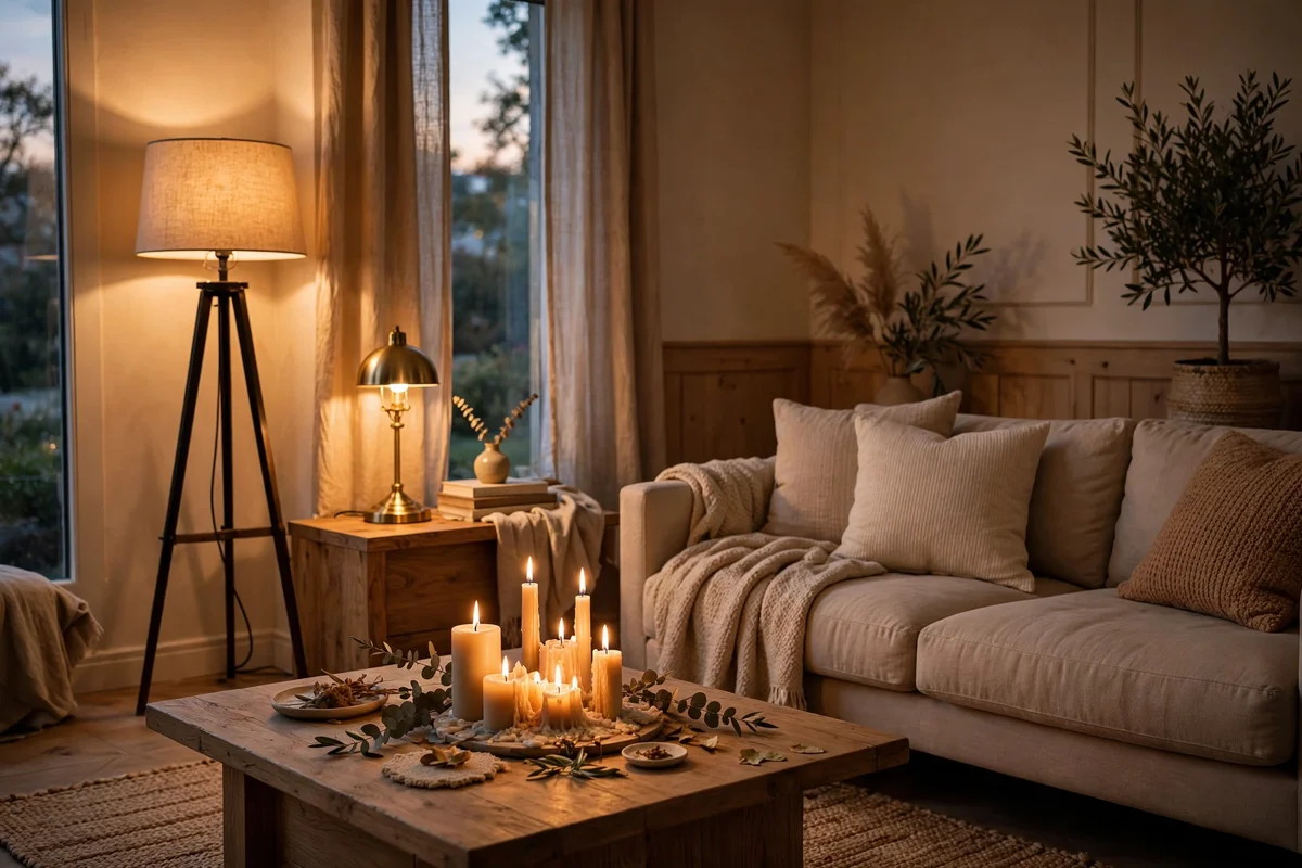 Living room glowing with layered warm lighting at three heights