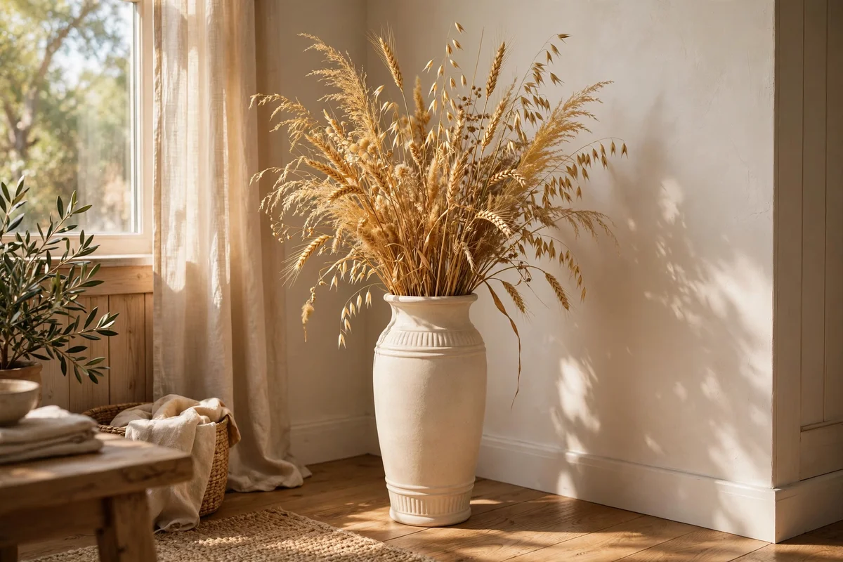 Tall cream vase filled with dried golden grasses and wheat stems