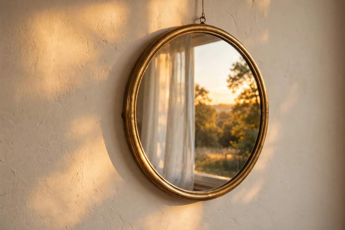 Round brass rimmed mirror reflecting golden evening light on a cream wall