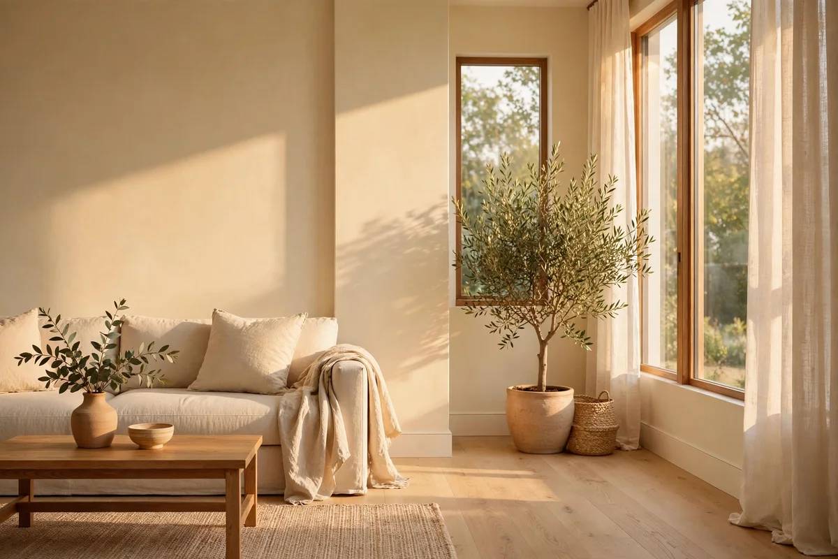 Warm cream living room walls glowing softly in afternoon light
