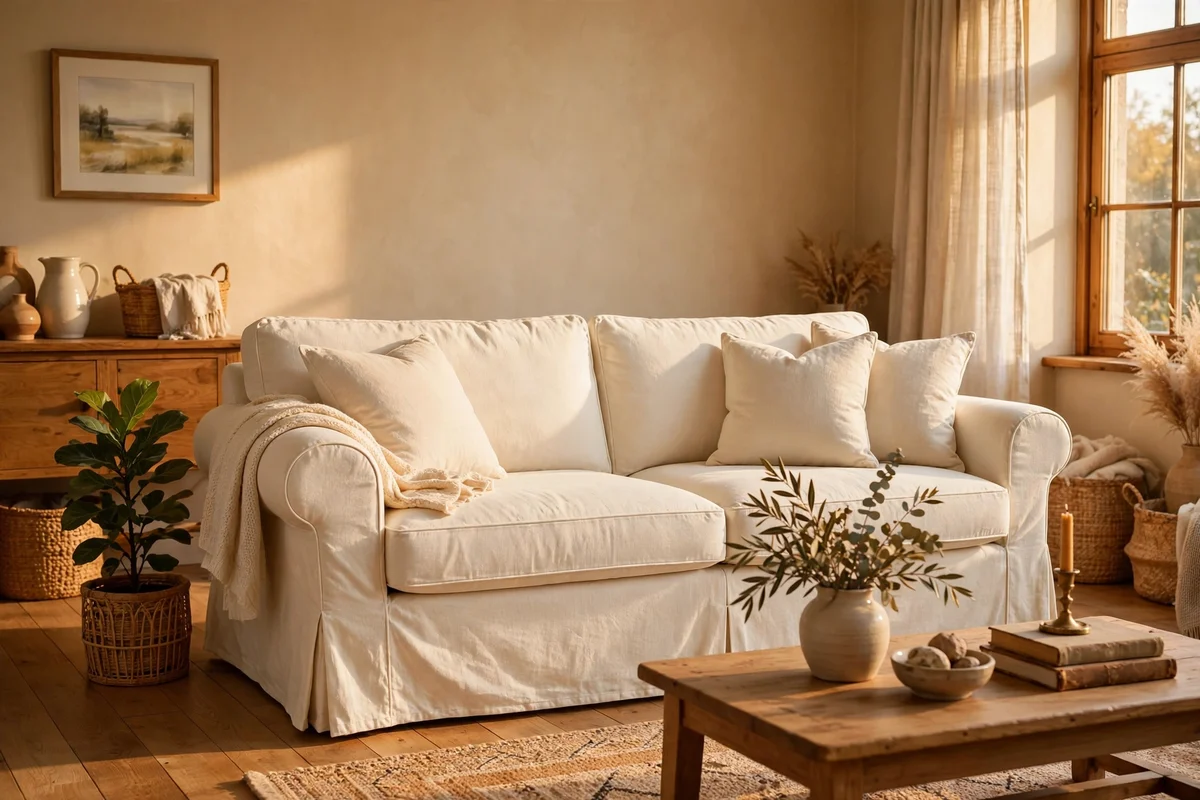 Cream slipcovered sofa with simple classic lines in a warm living room