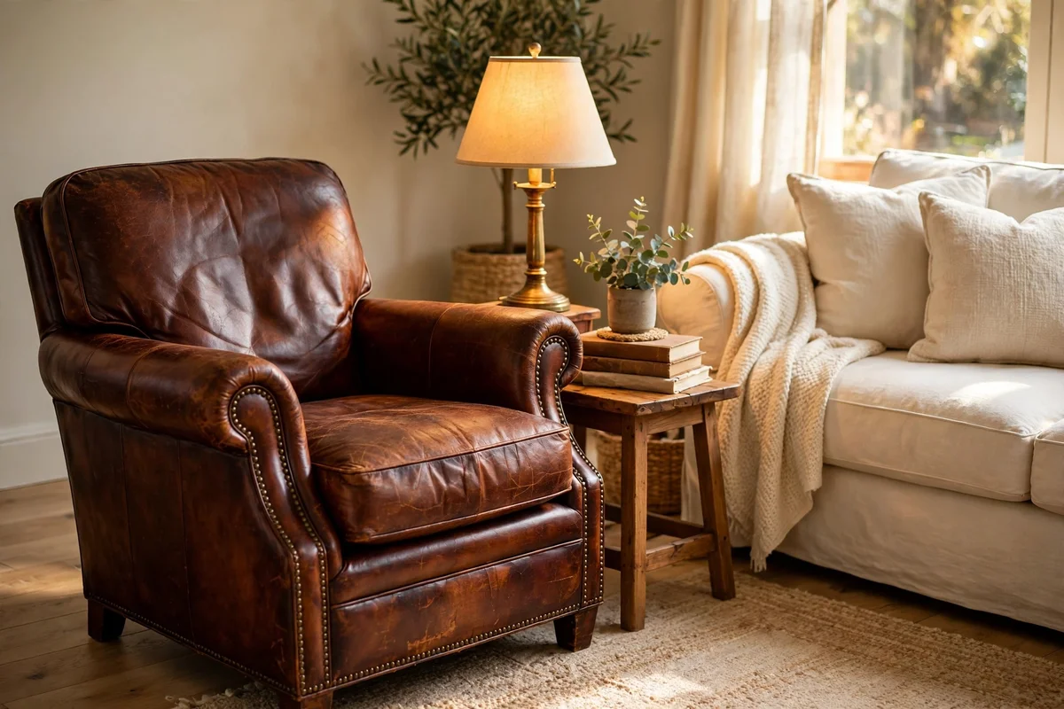 Deep brown leather armchair with patina angled beside a cream sofa