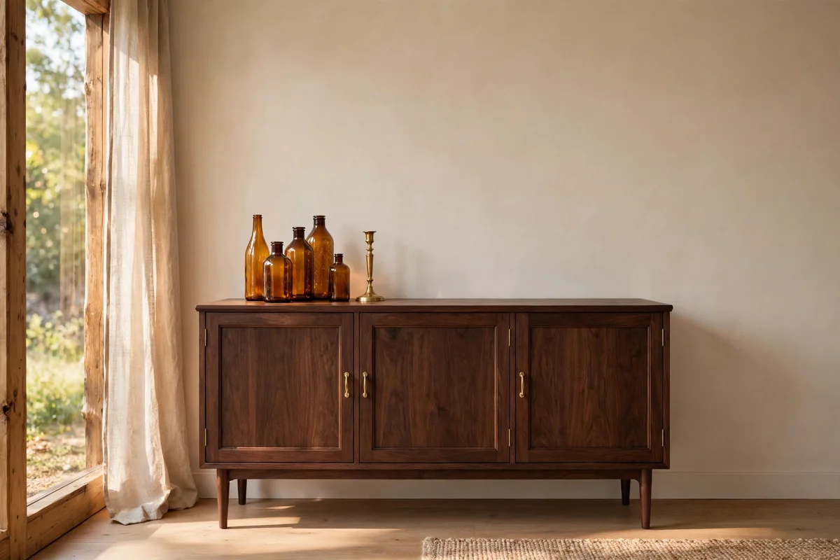 Dark walnut sideboard styled with amber bottles and a brass candlestick