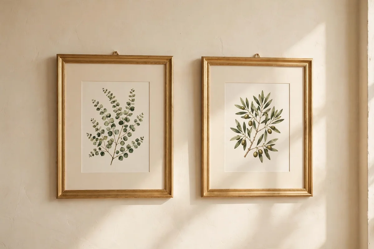 Soft gold picture frames with cream mounts hung on a cream wall