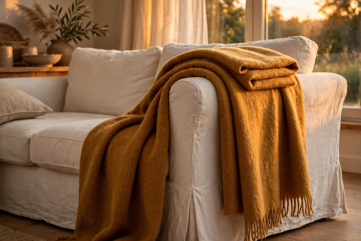 Ochre wool throw folded over the arm of a cream sofa