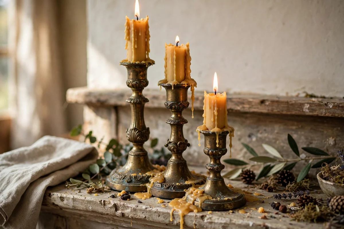 Three aged brass candlesticks at mixed heights with honey toned candles