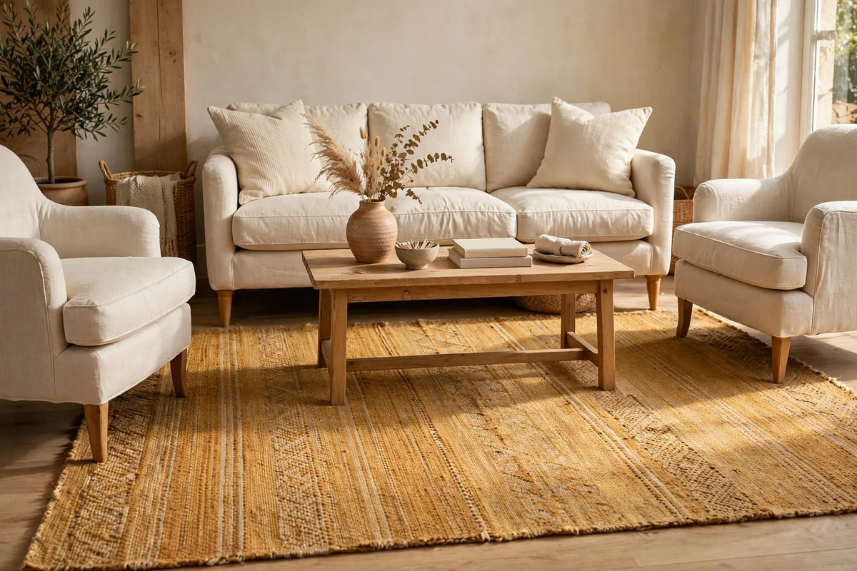Honey toned flatweave rug under a sofa and armchairs in warm light