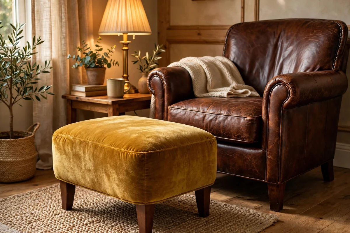 Mustard velvet footstool beside a deep brown leather armchair