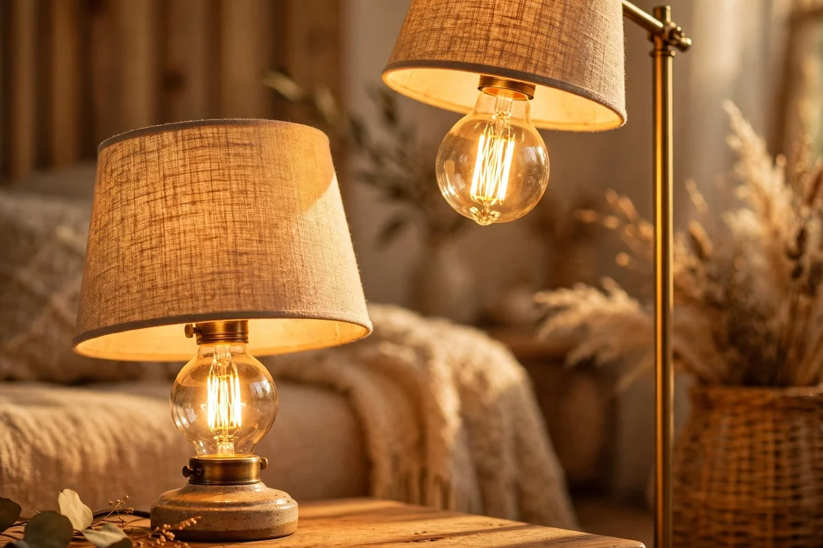 Warm 2700K glowing bulbs in table and floor lamps in a living room