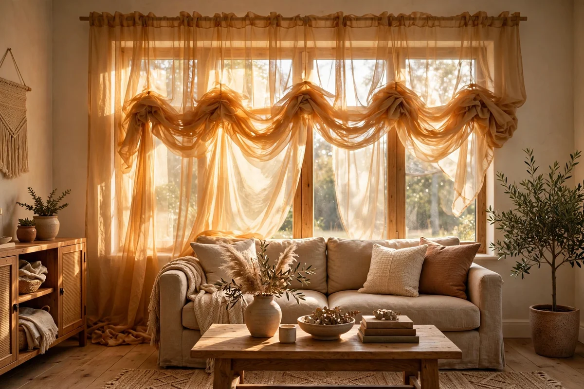 Sheer honey tinted curtains filtering golden daylight in a living room