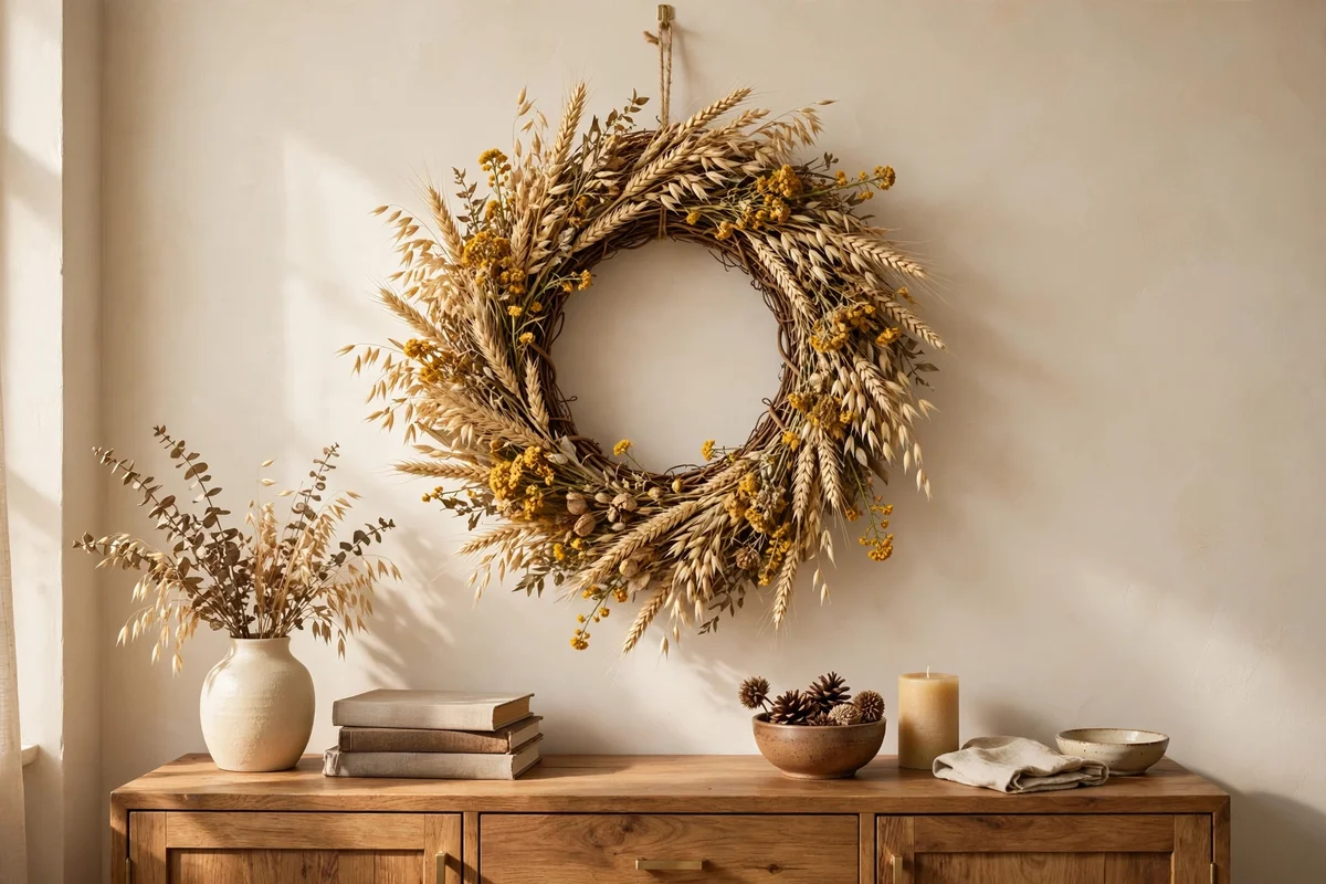 Handcrafted dried wheat wreath hanging on a cream living room wall