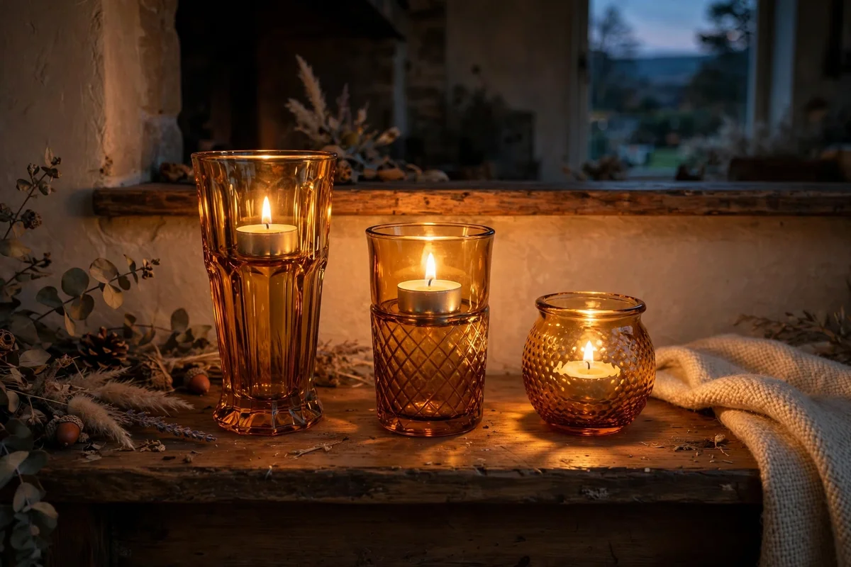 Amber glass candle holders glowing with tealights on a mantel at dusk