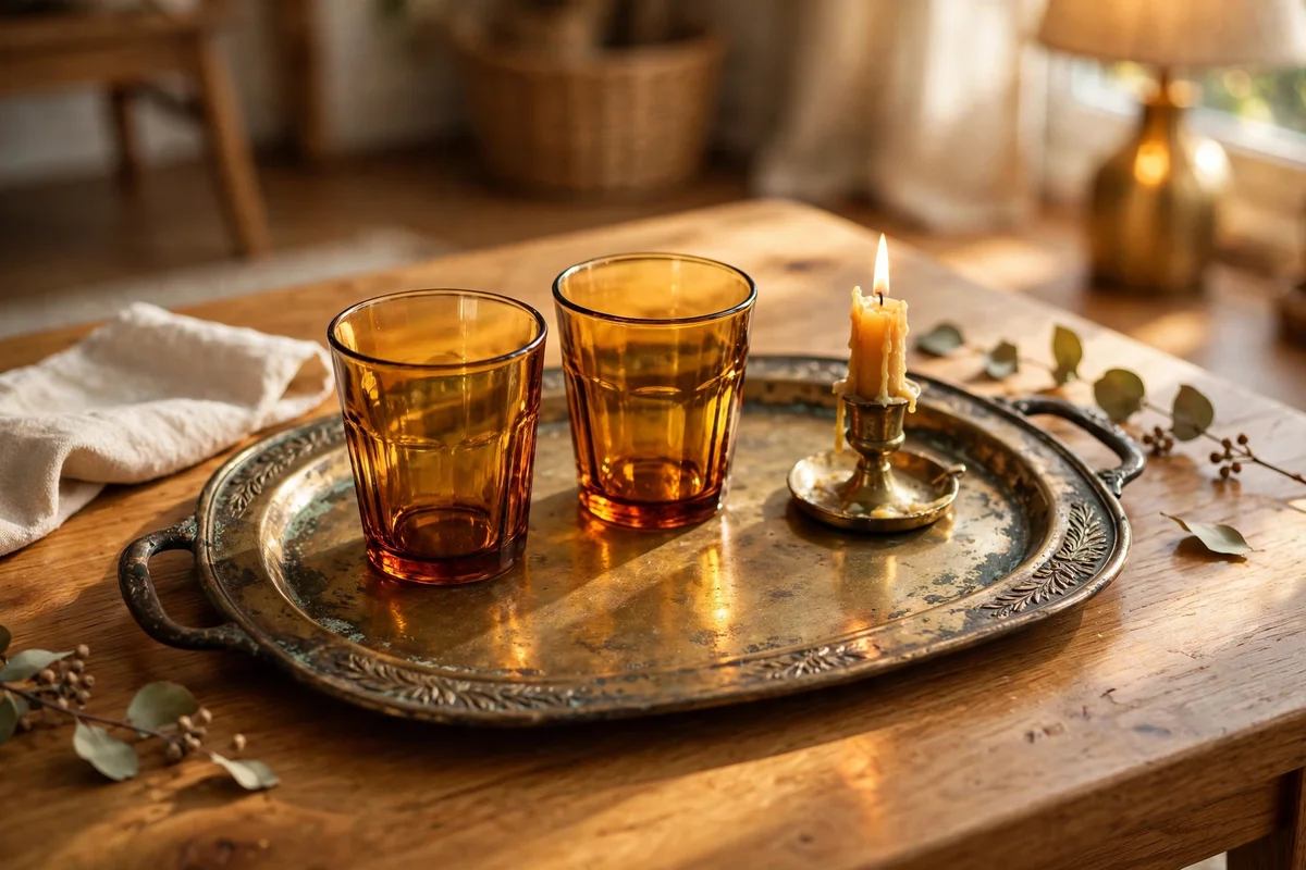 Aged brass tray with amber glasses and a candle holder on a coffee table