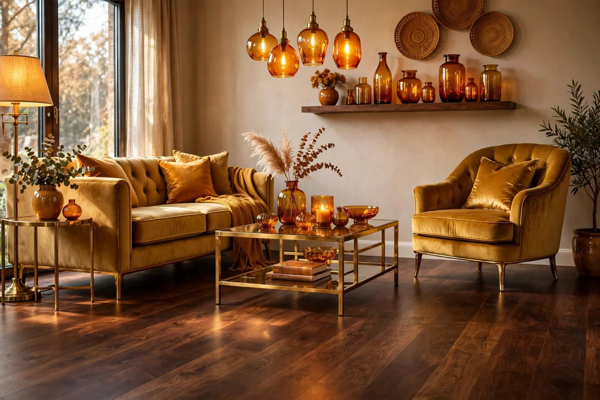 Dark walnut wood floor glowing softly under warm lamplight