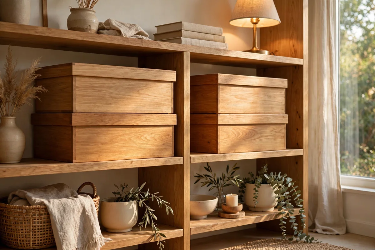 Stacked honey toned wooden storage boxes on open living room shelves