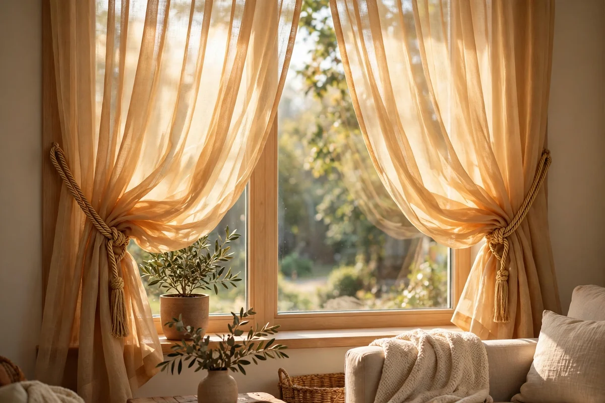 Soft gold tiebacks gathering honey tinted sheer curtains in folds