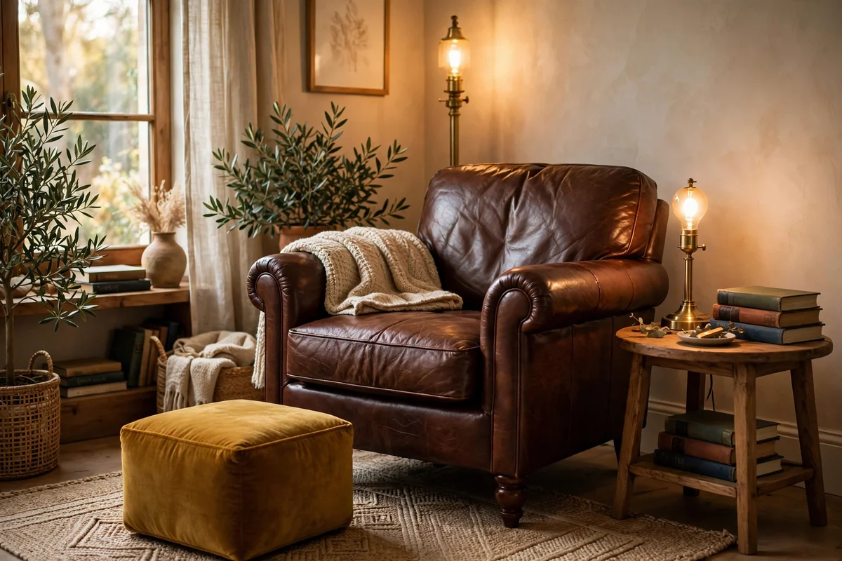 Cozy reading corner with leather armchair, floor lamp and mustard footstool