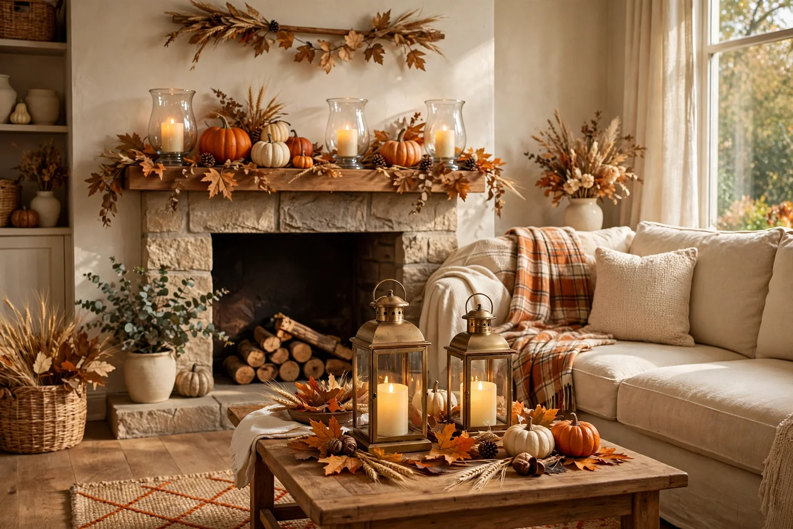 Cosy living room with Halloween mantel decor of pumpkins, lanterns and a plaid throw