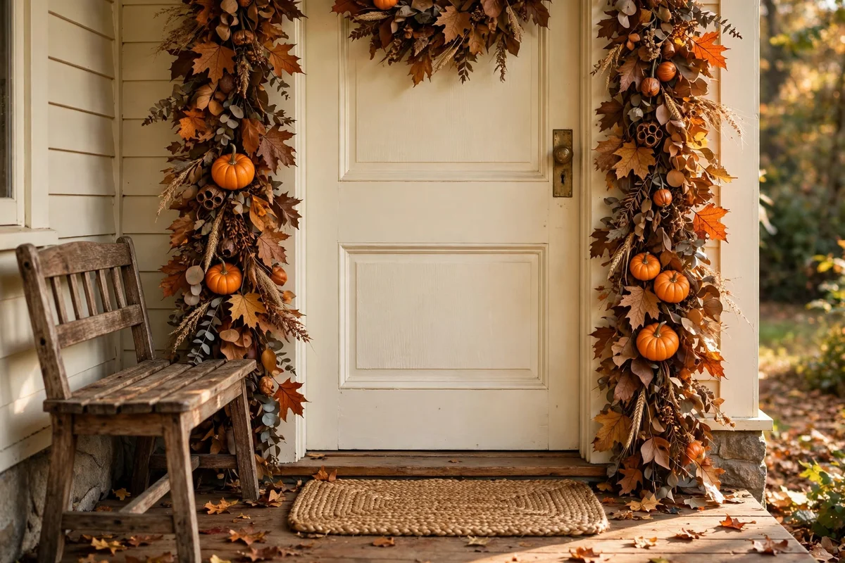 Front door framed with a dried leaf garland and mini pumpkins