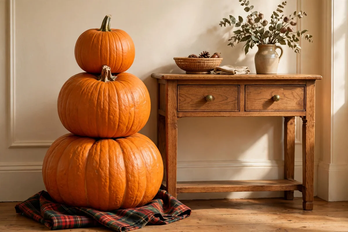 Three pumpkins stacked in descending sizes beside an entry console