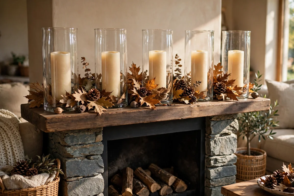 Mantel lined with flameless pillar candles in glass hurricanes