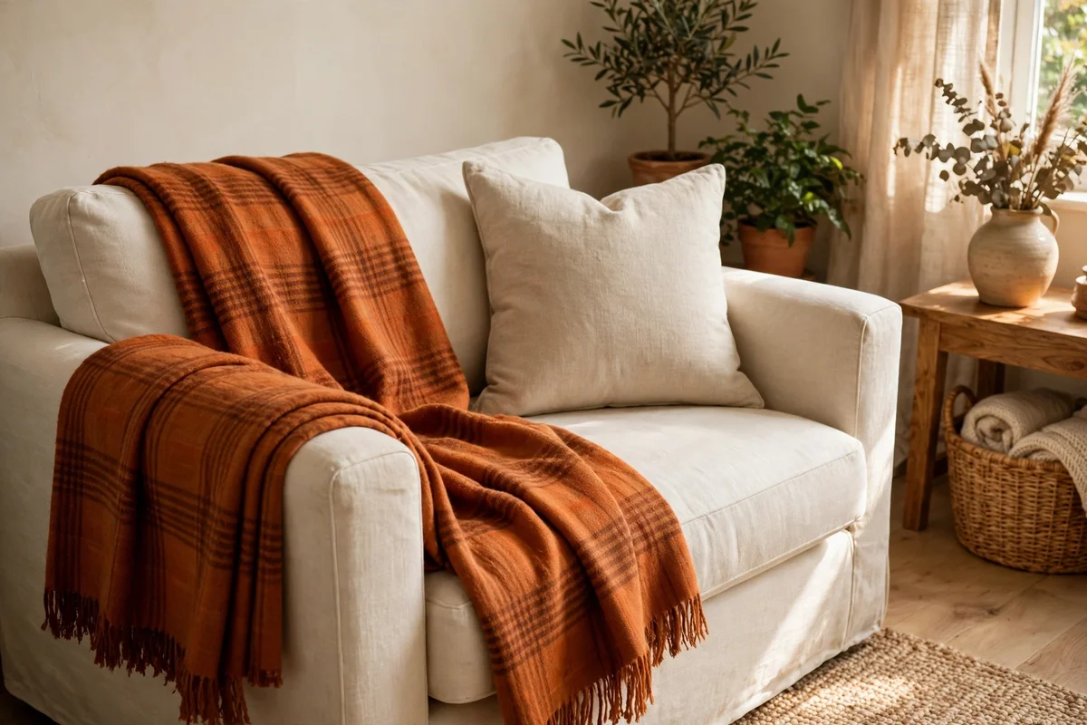 Burnt orange plaid throw draped over a sofa arm