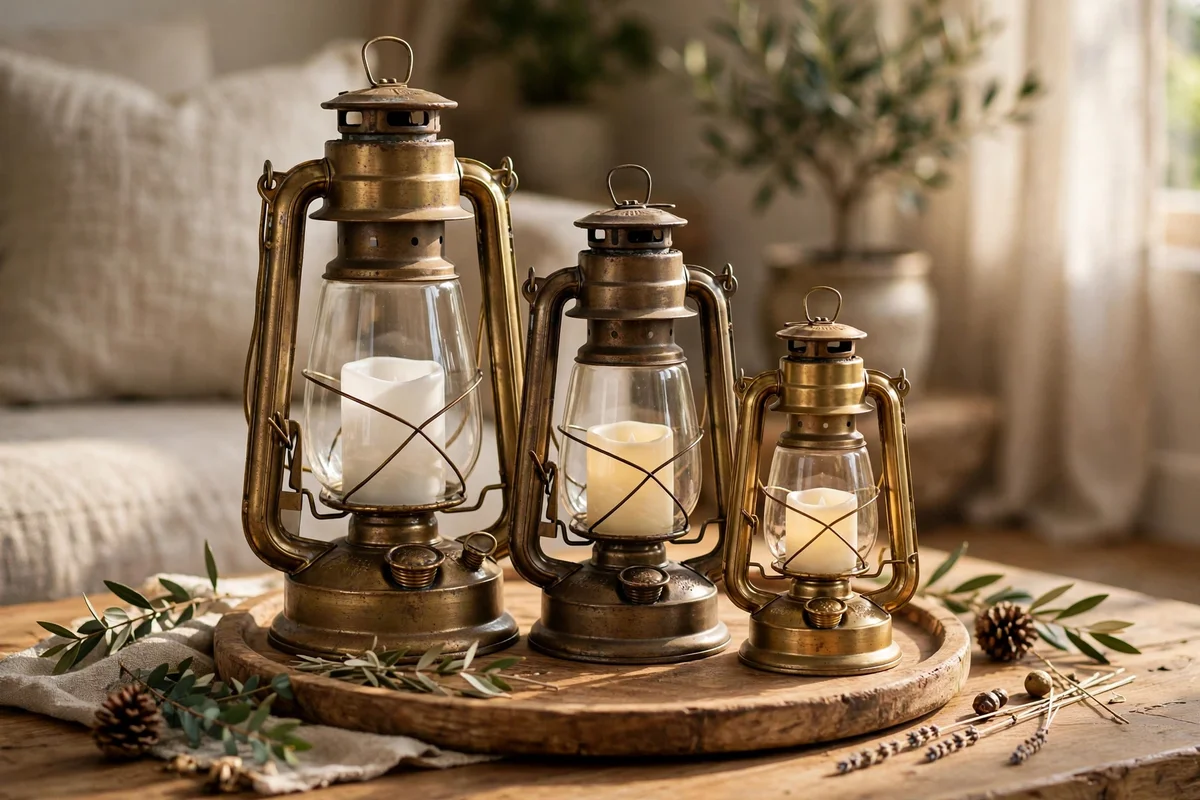 Three brass lanterns with flameless candles on a coffee table