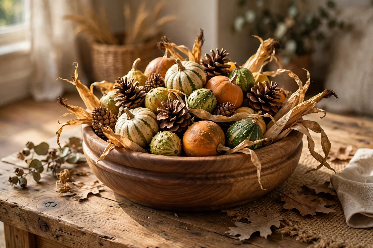 Wooden bowl filled with gourds, pinecones and dried corn husks