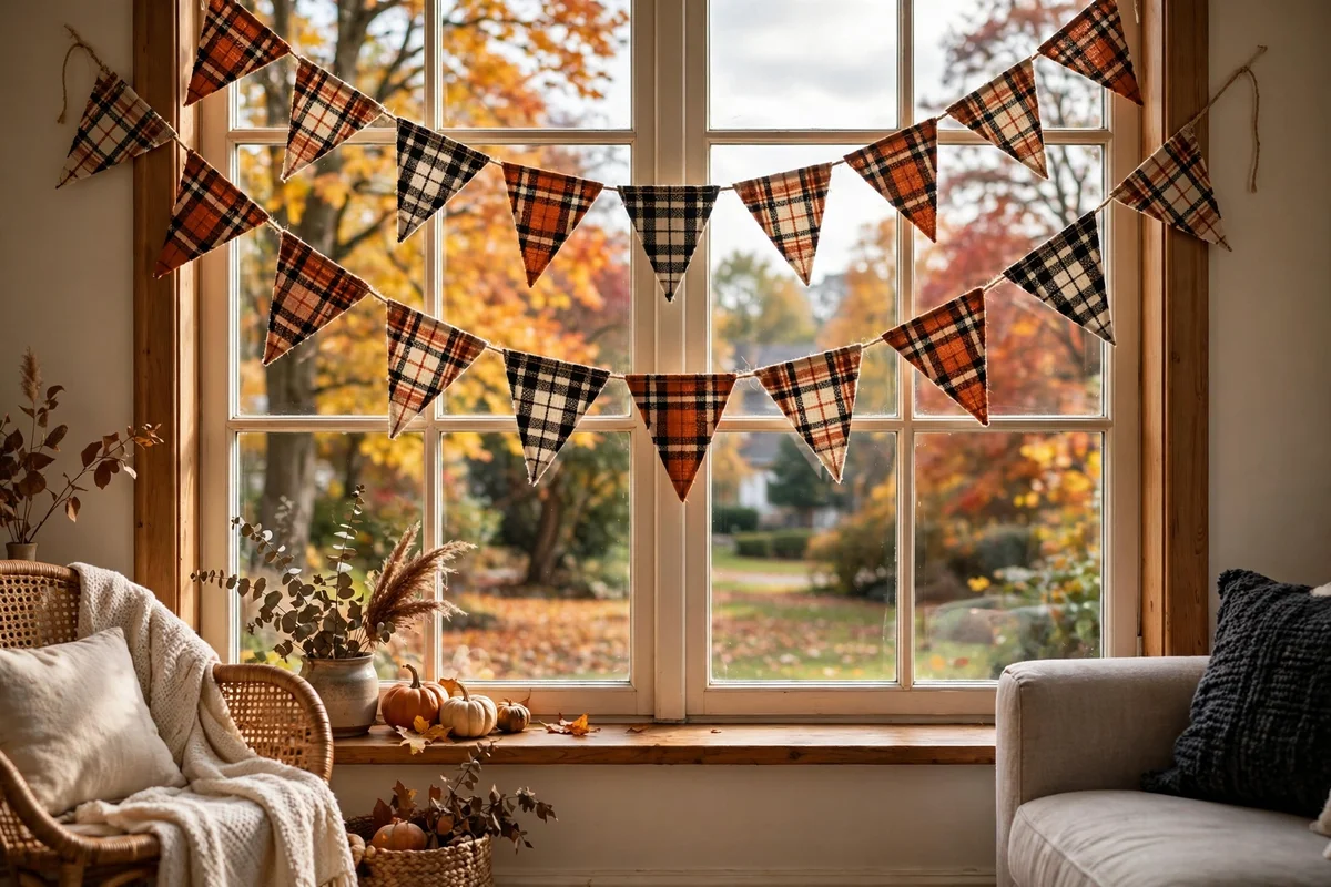 Plaid bunting banner hung across a living room window