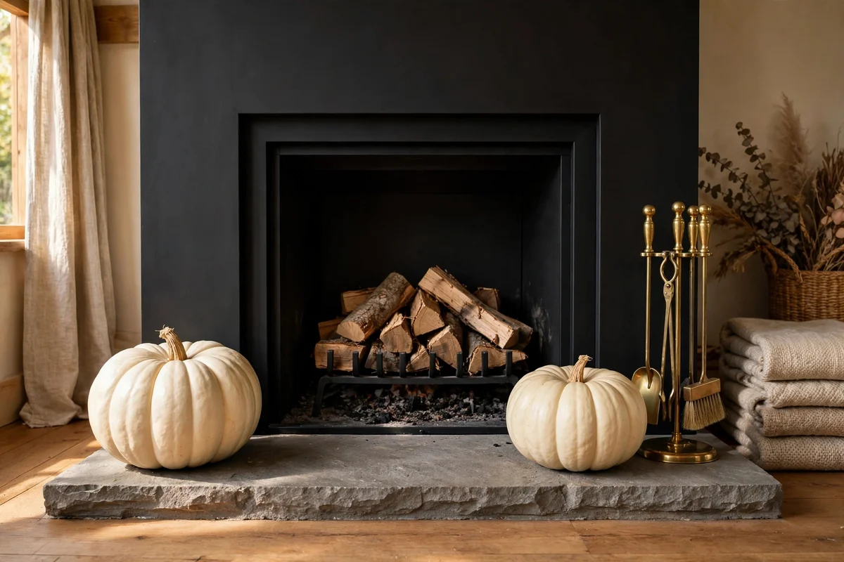 Pair of cream heirloom pumpkins flanking a fireplace hearth