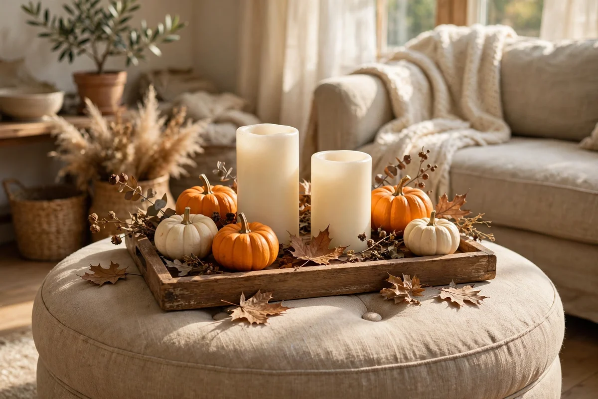 Wooden tray vignette of candles and baby pumpkins on an ottoman