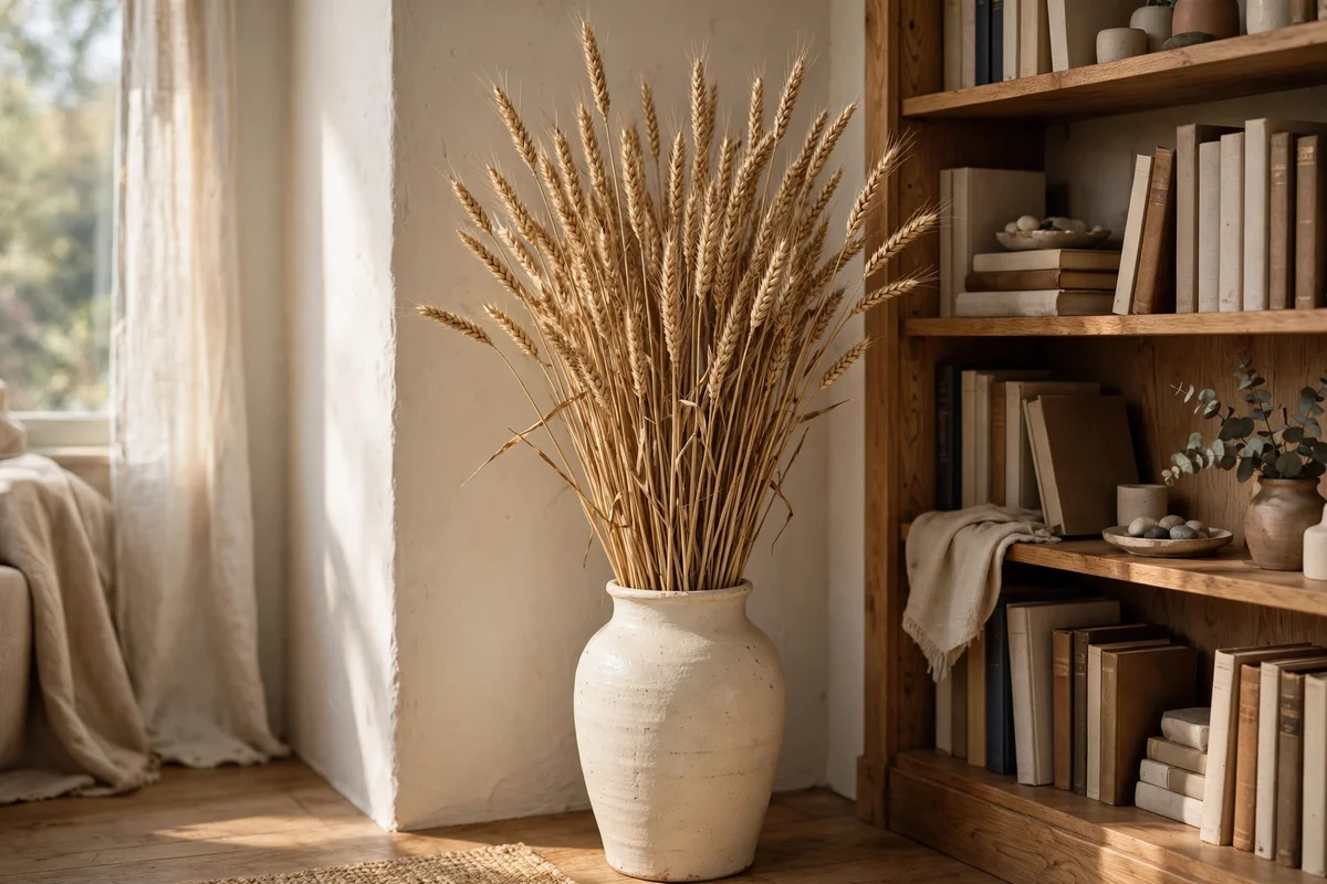 Tall bundle of dried wheat in a cream stoneware vase