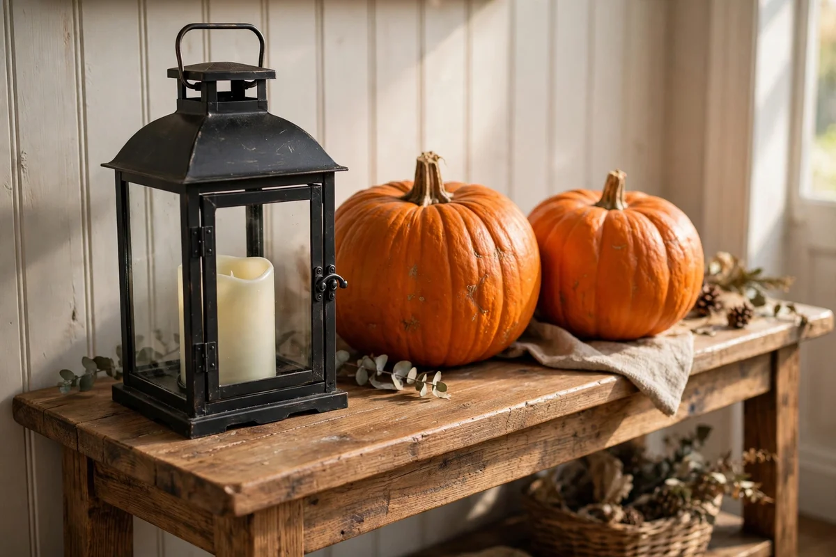 Black metal lantern with two orange pumpkins on an entry console