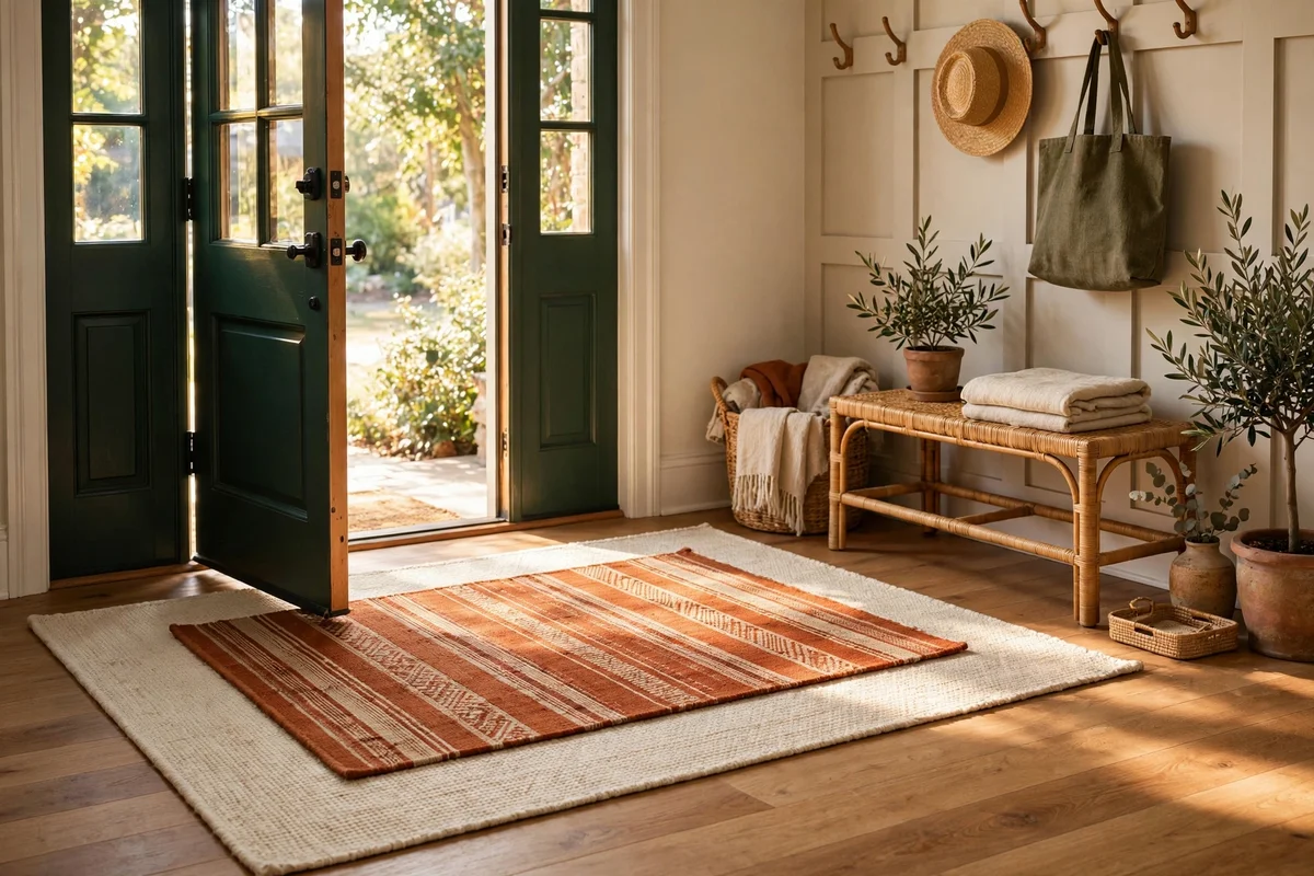 Layered cream and rust flatweave rugs inside a front door