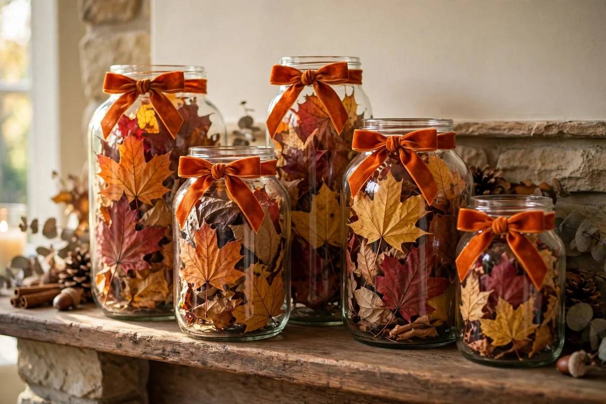 Glass jars of dried leaves tied with burnt orange ribbons