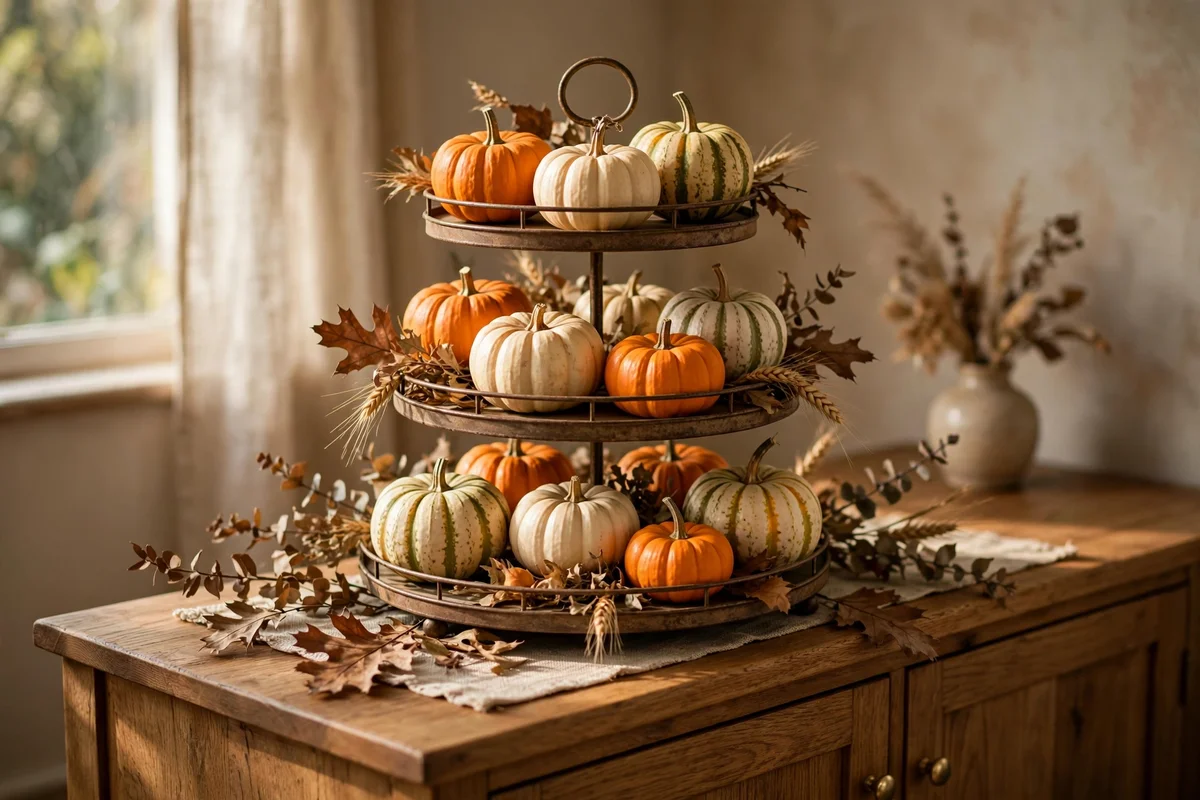 Mini pumpkins arranged on a three-tier stand on a sideboard